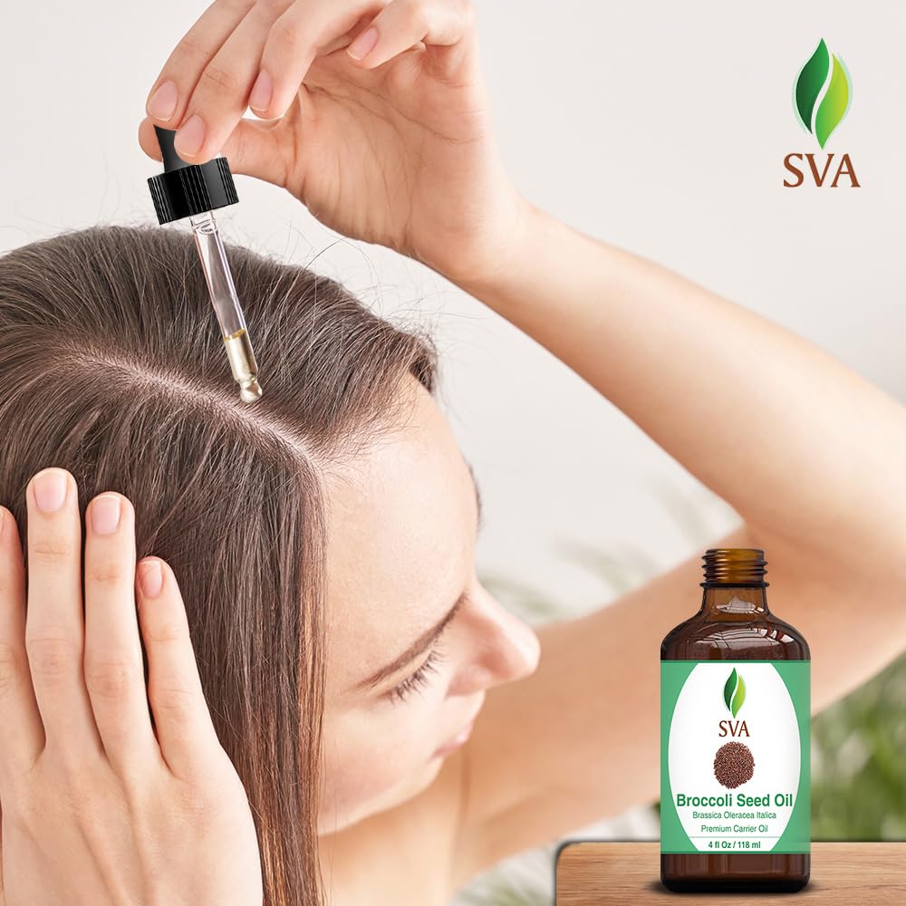 SVA Broccoli Seed Oil - 4 Fl Oz – 100% Natural Cold Pressed Broccoli Oil - for Face, Skin Care, Hair Care, Scalp Massage & Body Massage – Carrier Oil with Dropper