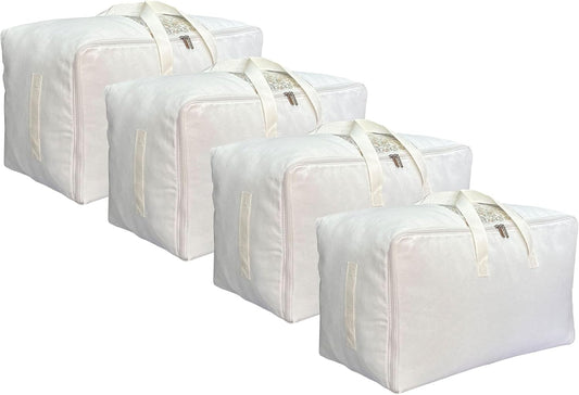 Soft Large Canvas Comforter Storage Bags with Four Carrying Handles and Clear Window, Closet Organizer for Clothing, Blankets Sheets Pillows and Bedding, 80L, 4 Pack, White