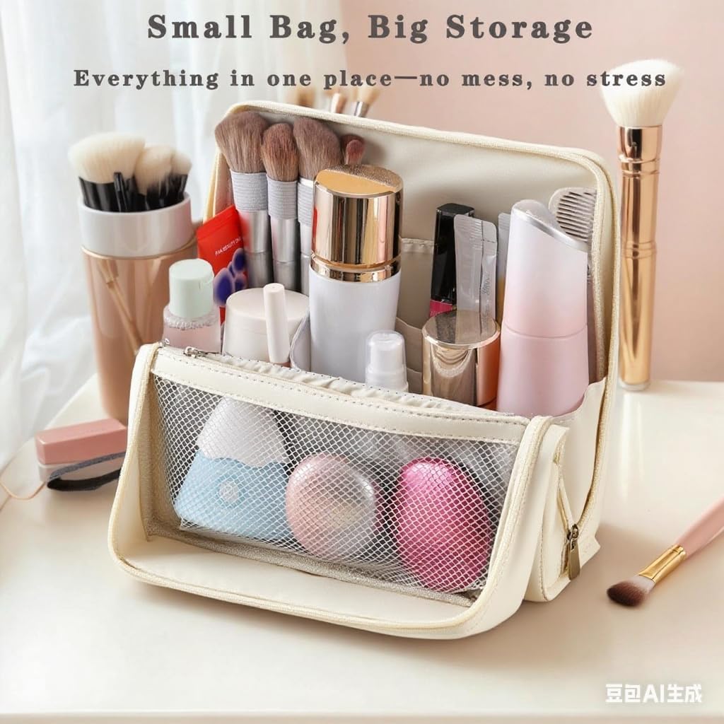 Standing Makeup Bag with Brush Holder, Organizer Travel Cosmetic Bags, Small Make Up Pouches for Women Beige