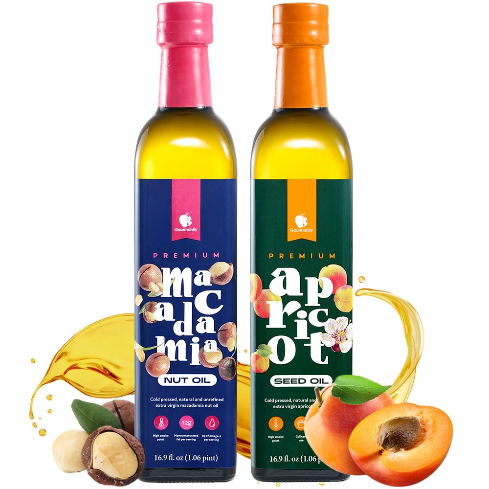 Gourmanity Macadamia Nut Oil and Apricot Seed Oil Bundle, A Healthier Oil Alternative, Cholesterol Free, Keto And Paleo Friendly, Ideal for Frying, Roasting and Drizzling, 16.9 fl oz Bottle
