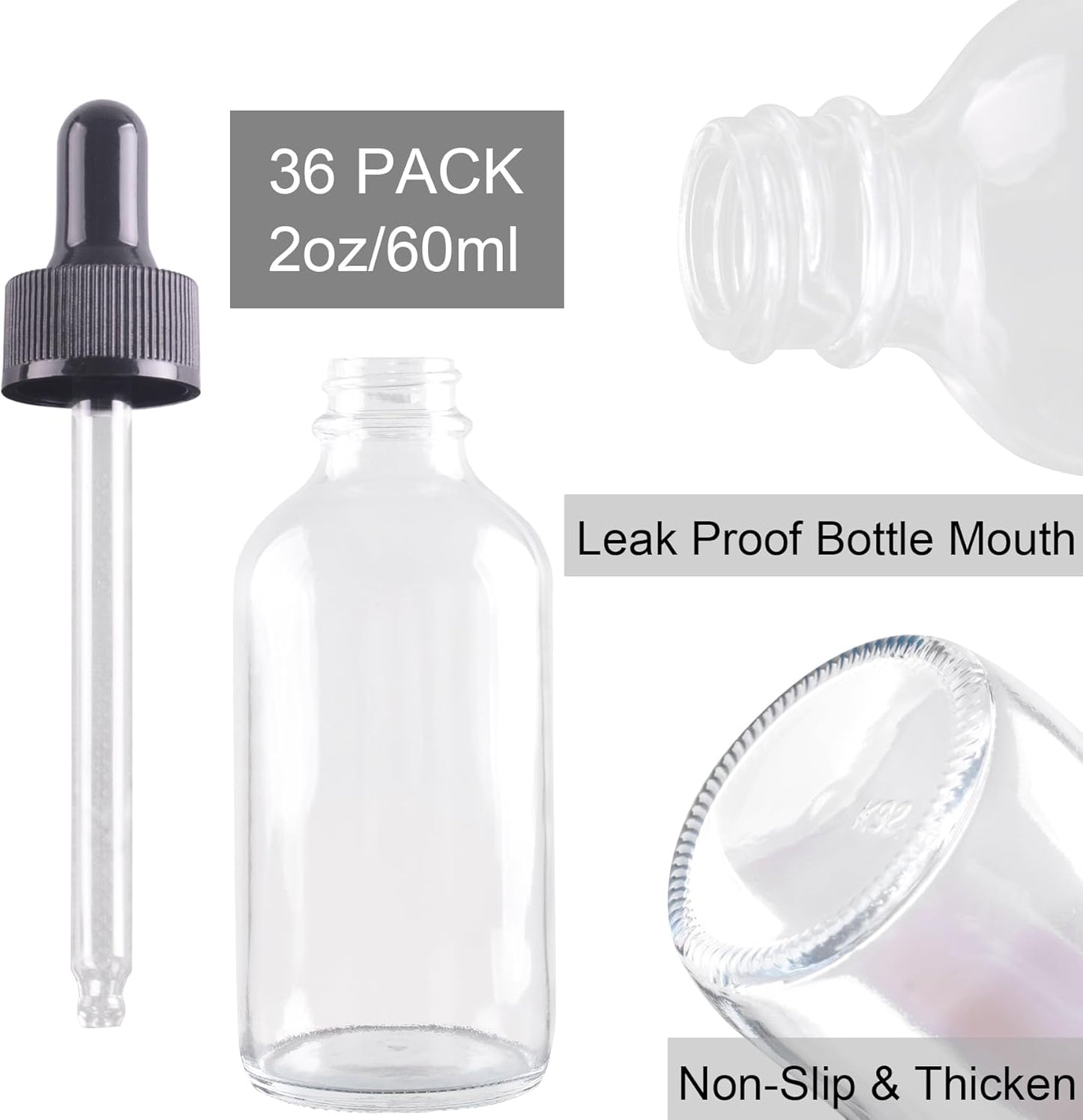 36 Pack 2oz Clear Glass Dropper Bottles, Glass Eye Dropper Bottles for Essential Oils, Perfumes, Laboratory Use (Clear, 2oz-36Pack)