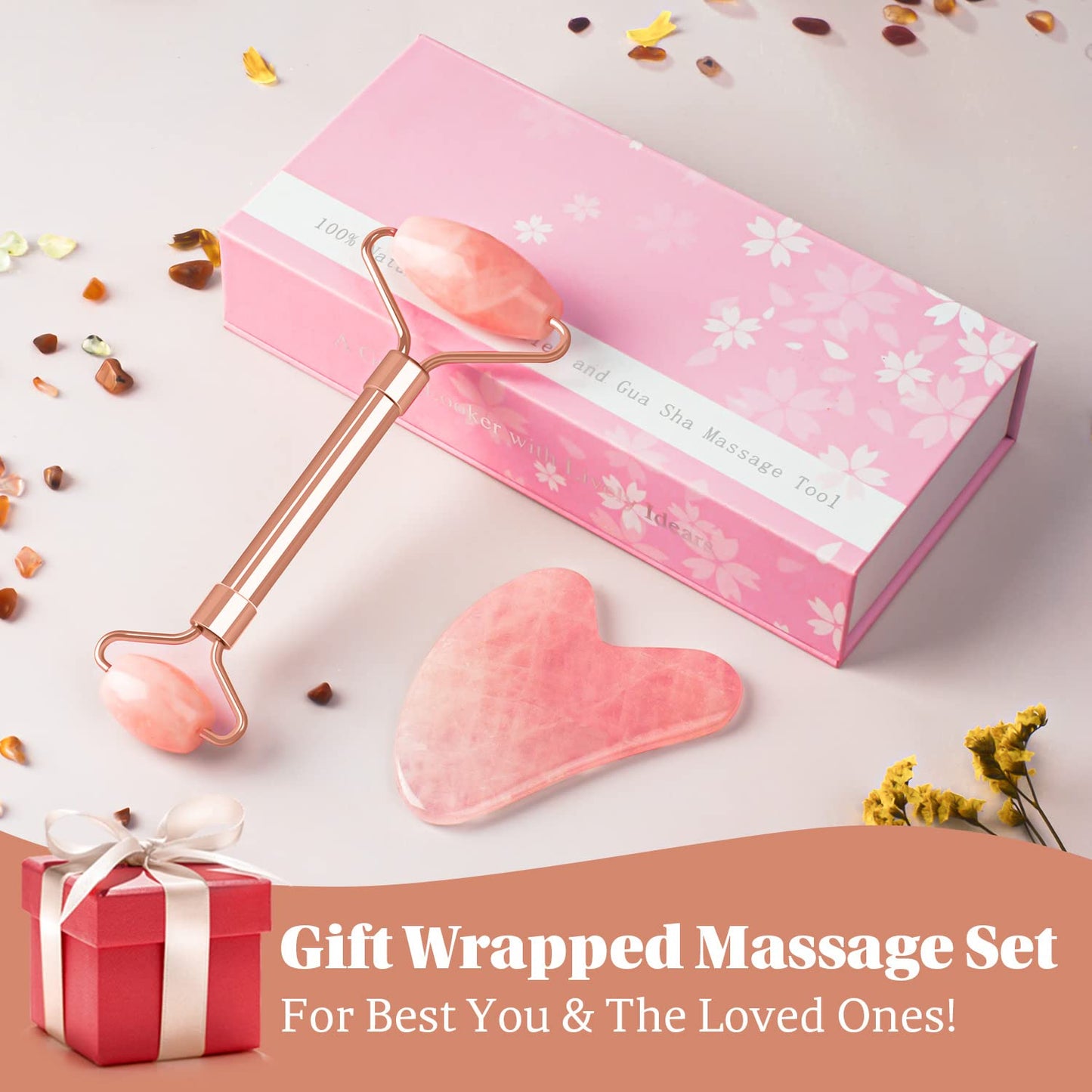 Jade Roller & GuaSha Set-Facial Beauty Roller Skin Care Tools, Rose Quartz Massager for Face, Eyes, Neck, Body to Relieve Wrinkles,Fine Line and Eyepuffiness