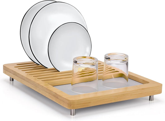 Stone Dish Drying Mats for Kitchen Counter,Dirt-Resistant Quick Dry Absorbent Diatomaceous Earth Dish Drying Mat with Bamboo Rack,Non-Slip Pads & Anti-Moisture Design