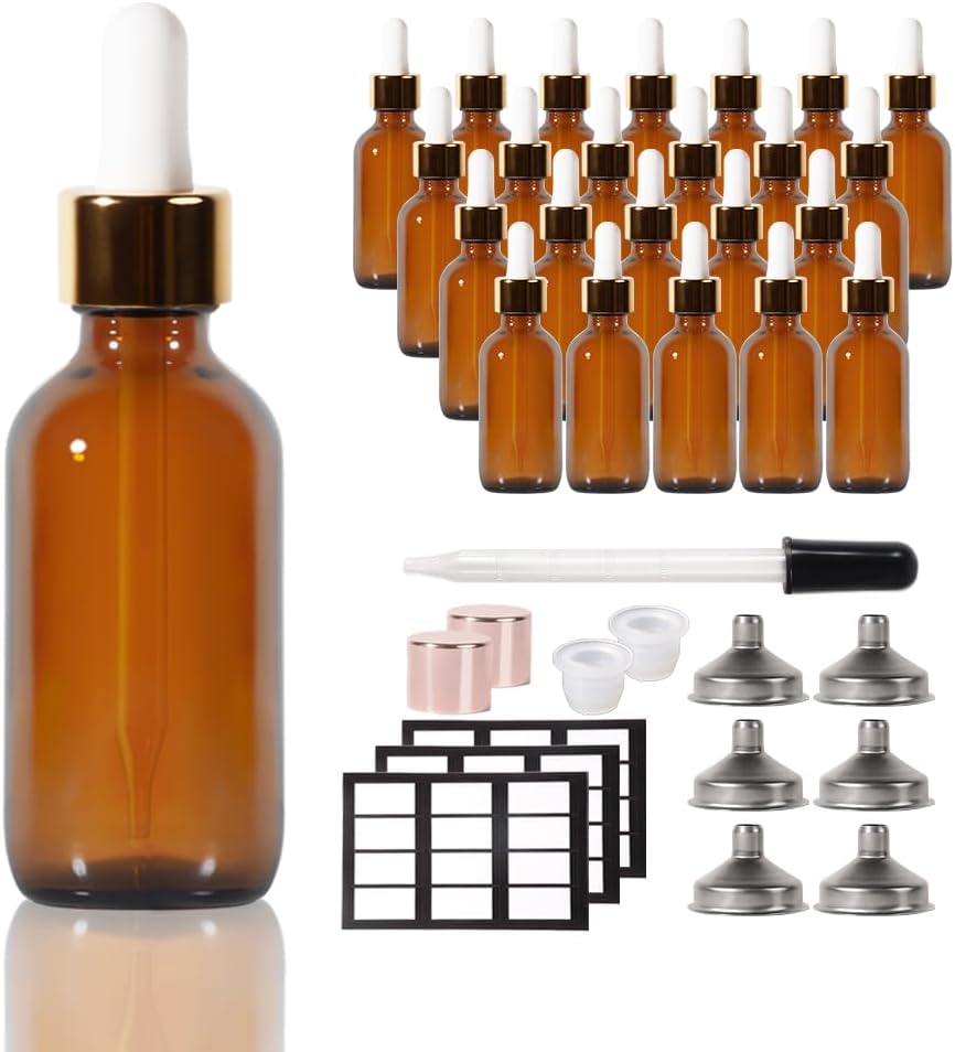 24P, 2oz Dropper Bottle, Droppers for Oils, Small Glass Bottles with Lids Clear Glass Jars