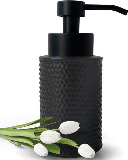10 Oz Foaming Soap Dispenser for Bathroom,Kitchen Foam Soap Dispenser,Refillable Modern Foam Pump Bottle,Black Ceramic Foaming Hand Pump Dispenser (Black Weave)