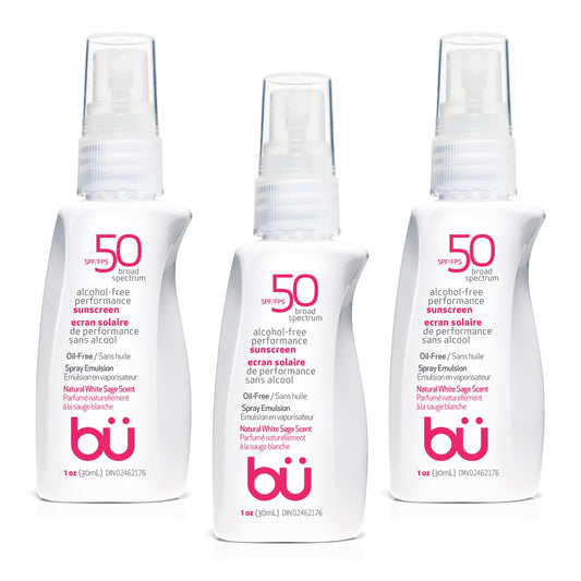 BU SPF 50 Sunscreen Spray for Face and Body, Non Aerosol Spray, TSA Travel Size Sunscreen, Clear, Non Greasy, Water Resistant, White Sage 1 oz (3 Pack)
