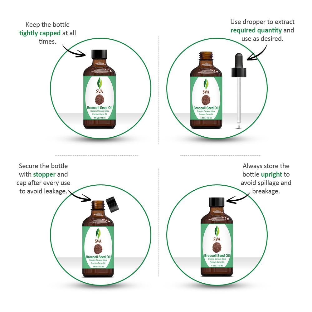 SVA Broccoli Seed Oil - 4 Fl Oz – 100% Natural Cold Pressed Broccoli Oil - for Face, Skin Care, Hair Care, Scalp Massage & Body Massage – Carrier Oil with Dropper