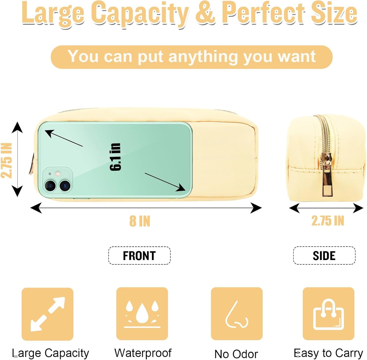 izuzta Nylon Small Makeup Bag Slim Pouch, Preppy Cute Makeup Brush Case Bag Cosmetic Zipper Pouch for Purse, Waterproof Travel Toiletry Bag Clutch Coin Pouch Makeup Organizer for Women Girls(Beige)