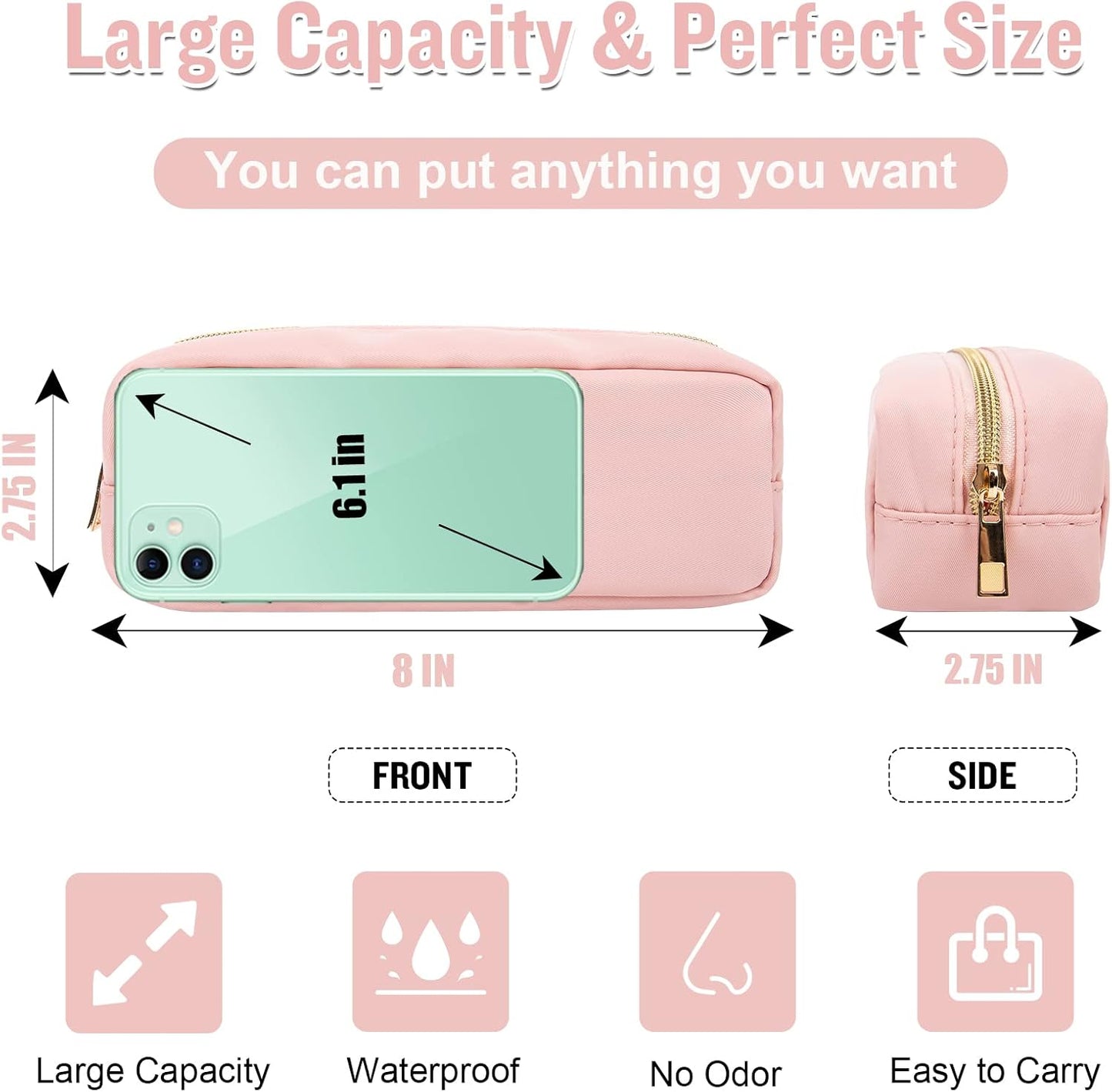 Nylon Slim Makeup Bag, Preppy Cute Makeup Brush Bag Pink Makeup Organizer for Women Men Girls - Waterproof Travel Toiletry Cosmetic Zipper Pouch