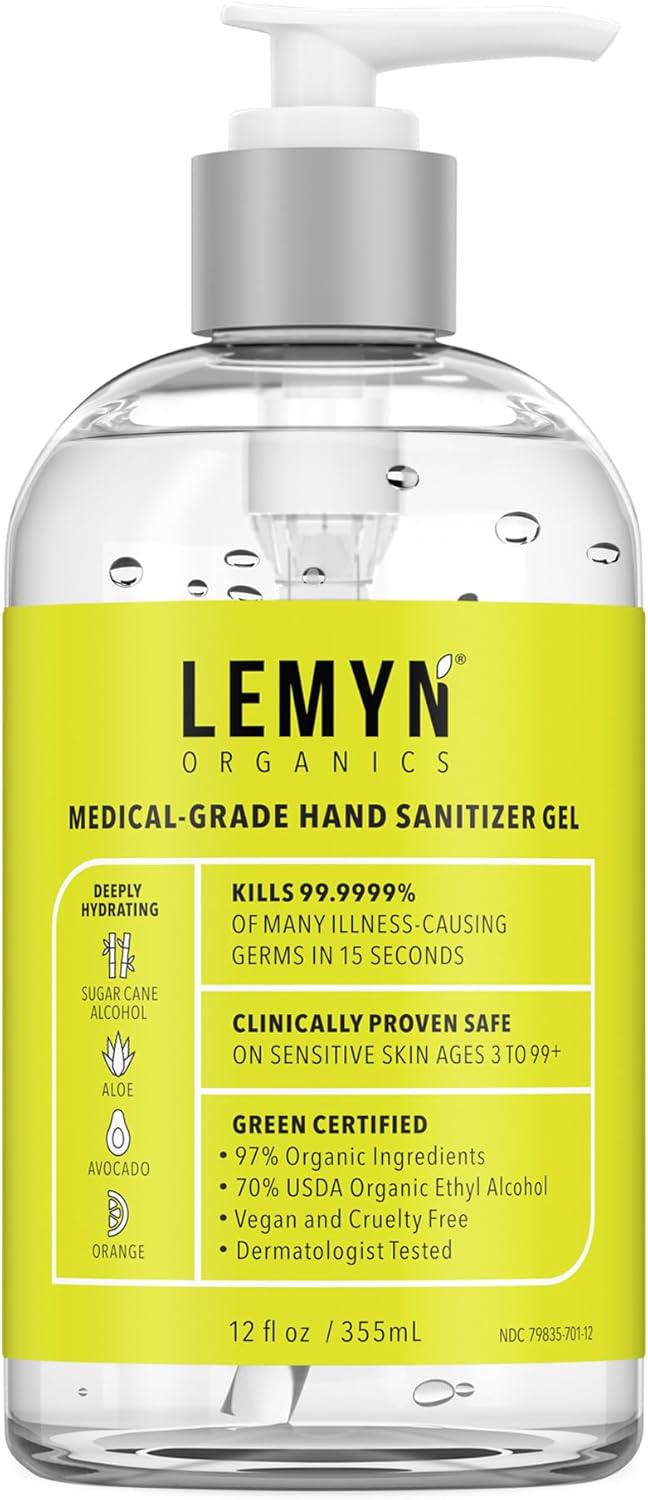 Medical‑Grade Hand Sanitizer Gel – 97 % Organic | 70 % USP Ethyl Alcohol | Moisturizing Aloe + Hyaluronic Acid | Freshly Made in USA | 12oz Bottle with Pump