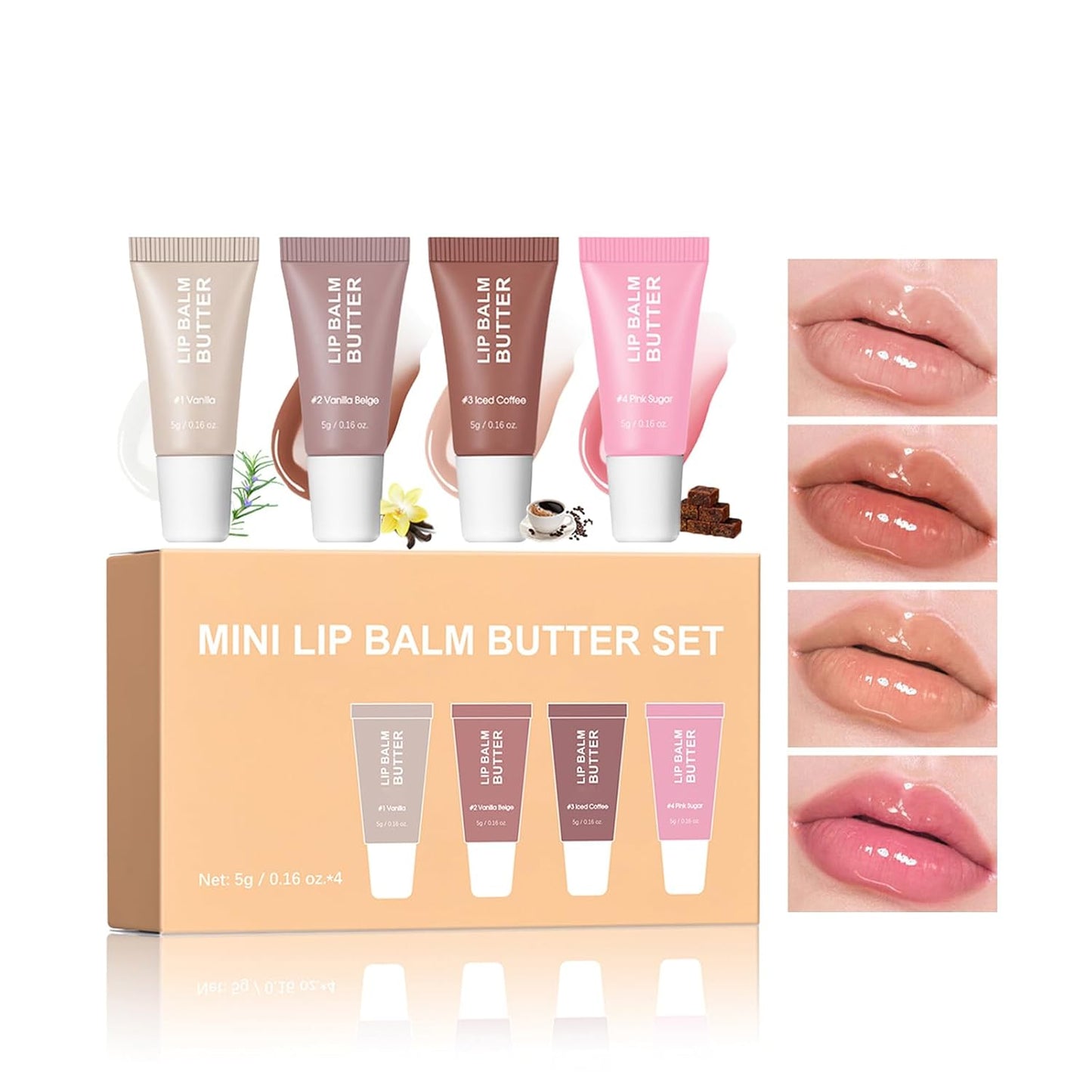 4Pcs Hydrating Lip Gloss Set, Mini Lip Butter Balm Pack, High Shine Glass Finish Lip Moisturizing Plumping Lip Gloss Shiny Jelly Liquid Lipstick for Women