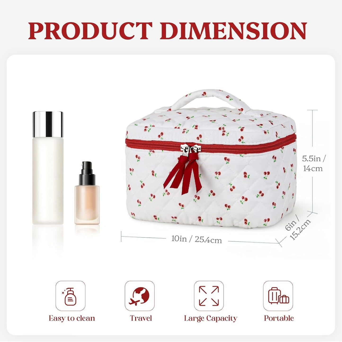 Prite Large Makeup Bag for Women Quilted Floral Cotton Cosmetic Bag Cute Coquette Aesthetic Floral Travel Toiletry Bag (Red Berries)