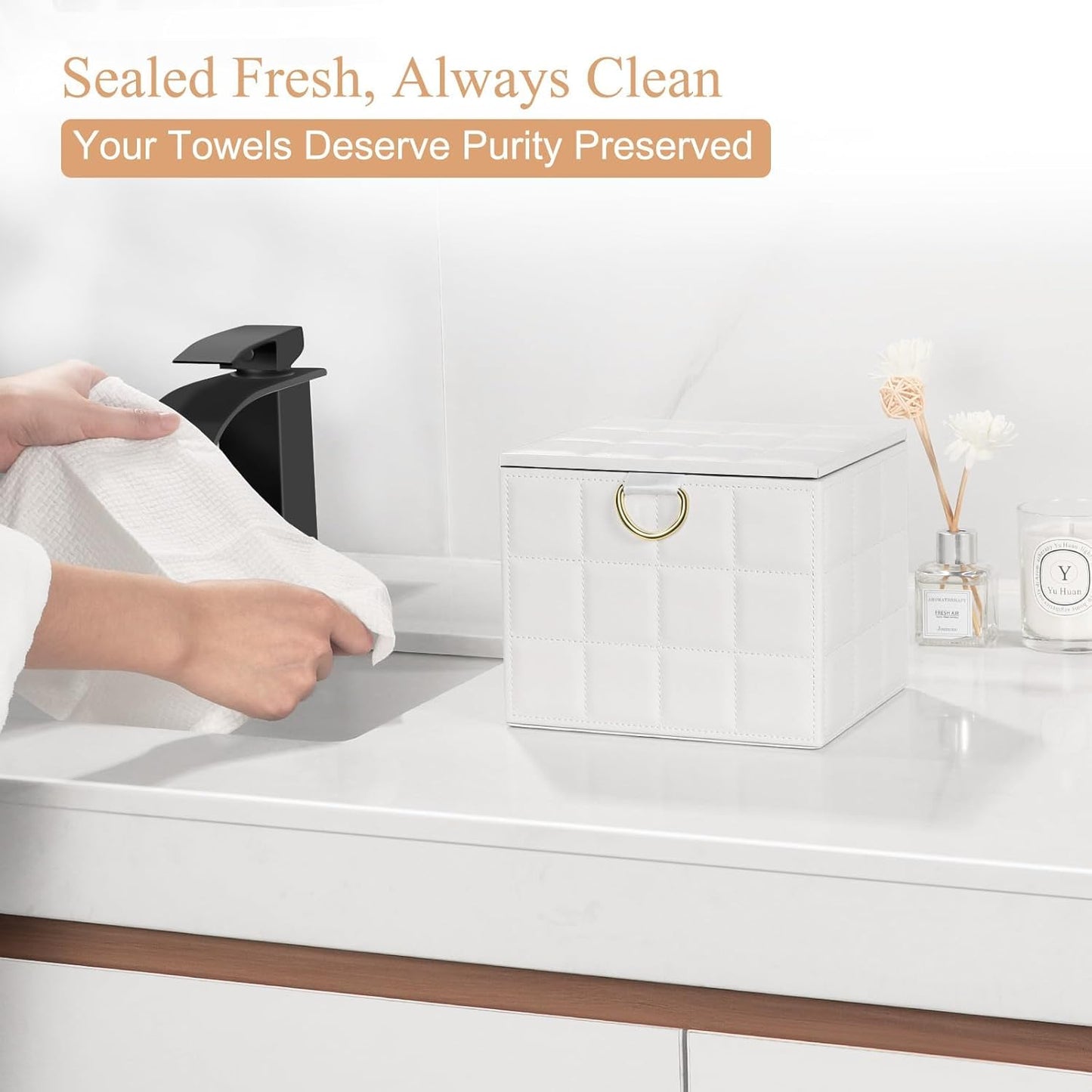 Disposable Face Towel Holder Box, White PU Leather Container for XL Clean Skin Club Face Towels, Reusable Organizer for Clean Skin Towel Makeup Wipe Holder Counter Bathroom Organizers and Storage