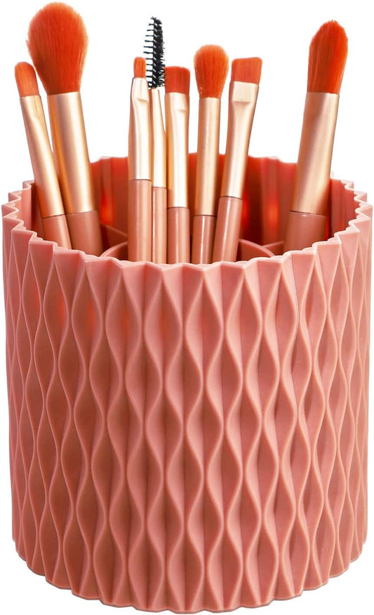 Pink 360° Rotating Makeup Organizer, Spinning Makeup Brush Holder, Unique Textured Makeup Brush Cups for Vanity Decor, Lipstick Holder for Bathroom Counter, Desk Storage Container