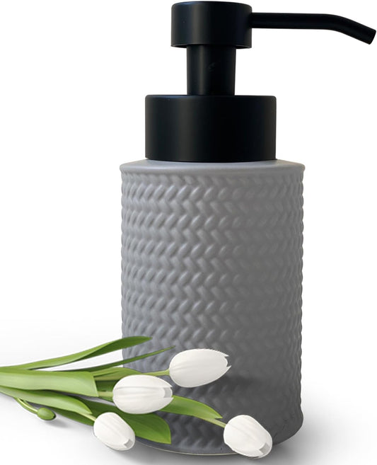 10 Oz Foaming Soap Dispenser for Bathroom,Kitchen Foam Soap Dispenser,Refillable Modern Foam Pump Bottle,Black Ceramic Foaming Hand Pump Dispenser (Grey Weave)