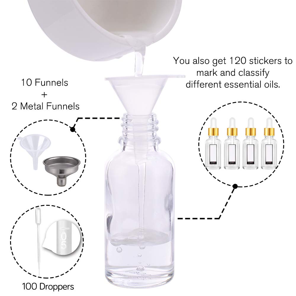 PrettyCare Glass Dropper Bottles 99 Pack, 1oz (30ml) Clear Empty Thick Bottles Bulk with Leakproof Golden Caps - With Labels & Funnels for for Storage, Travel,Essential Oils, DIY Serums