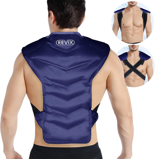 REVIX Large Ice Pack for Back and Shoulder Discomfort Relief, Reusable Gel Cold Pack for Full Back, Soft Plush Lining, Flexible and Long-Lasting, Navy