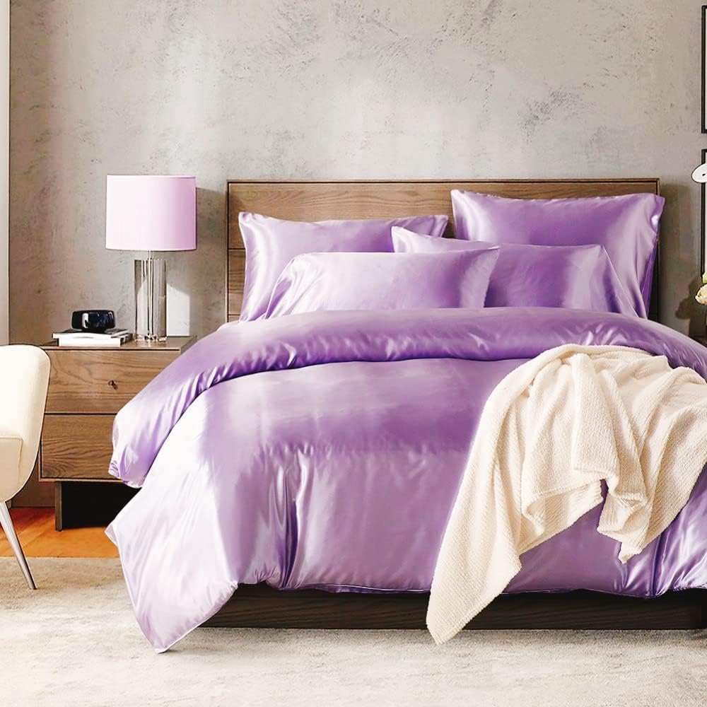 JUWENIN,Luxury Satin Pillowcase with Zipper (Silky Satin Pillow Case for Hair) Set of 2 (Queen, Lavendar)