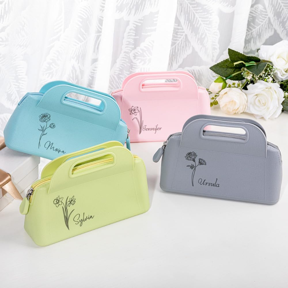 Custom Small Travel Makeup Bag Silicone Waterproof Personalized Birth Flower Name Makeup Brush Case Portable Zipper Cosmetic Bag Gifts For Mom Daughter 4 Colors Size 7.28×4.96INCH