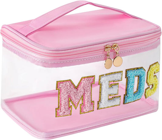 Chenille Letter Clear Medicine Makeup Bag, Large Size Waterproof Nylon Cosmetic Toiletry Storage bag with Top Handle, Transparent Meds First Aid Travel Organizer Cosmetic Bag(02Light Pink)