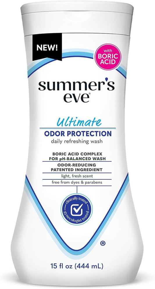 Summer's Eve Ultimate Odor Protection Daily Feminine Wash, pH-Balanced Formula Body Wash for Women with Boric Acid Helps Control Vaginal Odor, 15 Fl Oz