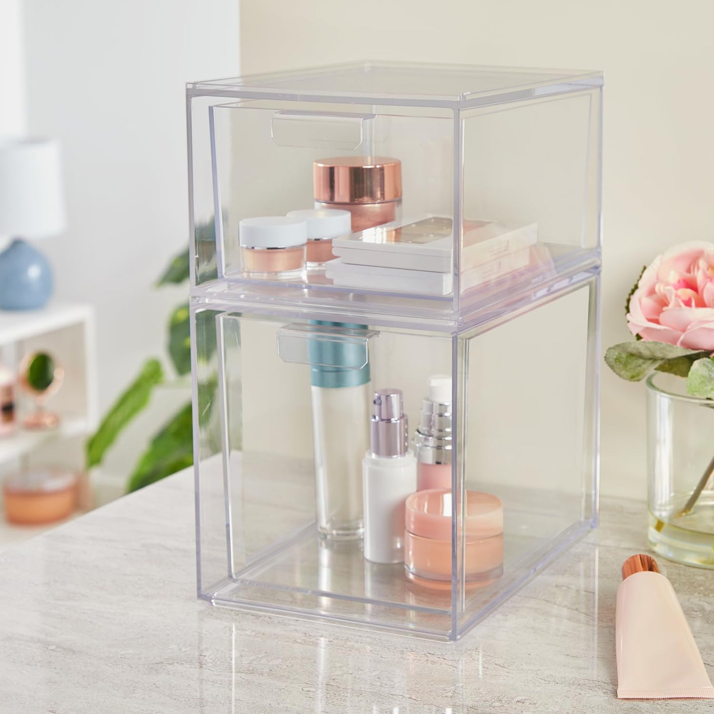 STORi Audrey Stackable Clear Bin Plastic Organizer Drawers | 2 Piece Set | Organize Cosmetics and Beauty Supplies on a Vanity | Made in USA