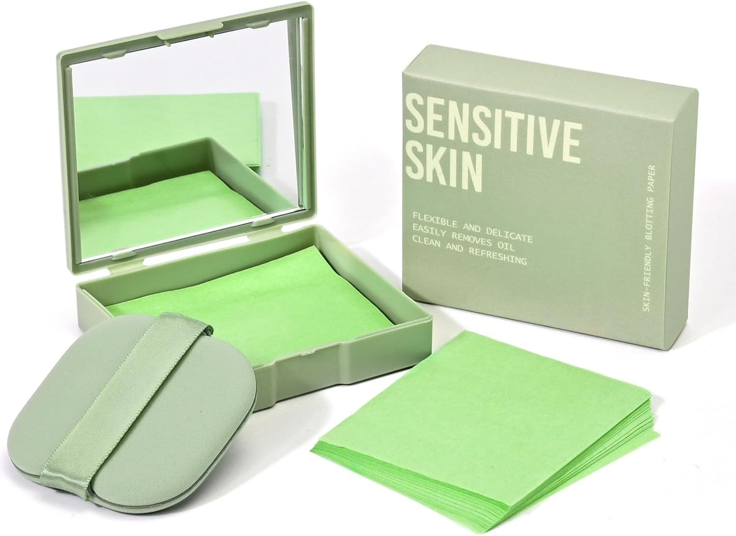 KYDA 200 Sheets Face Oil Blotting Paper, Included Refills, Mirror and Puff, Oil Absorbing Sheets for Makeup, Oil Control Shine, Absorb Excess Oil, Travel Size Gentle Face Makeup, Green Tea