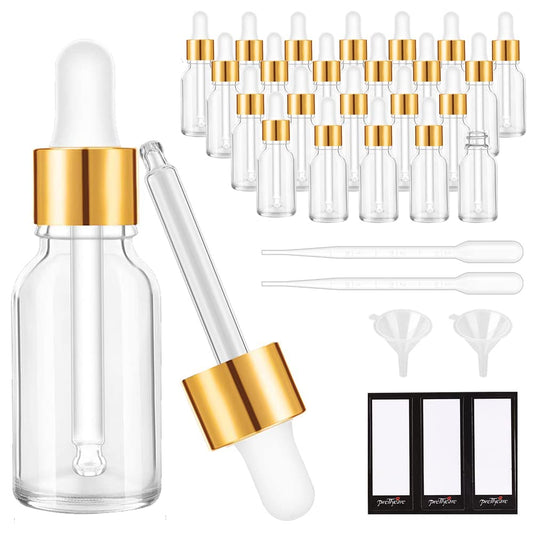 PrettyCare Glass Eye Dropper Bottles 24 Pack, 0.5oz (15ml) Clear Empty Thick Bottles Bulk with Leakproof Golden Caps - With Labels & Funnels for Storage, Travel, Essential Oils, Cuticle, Tinctures