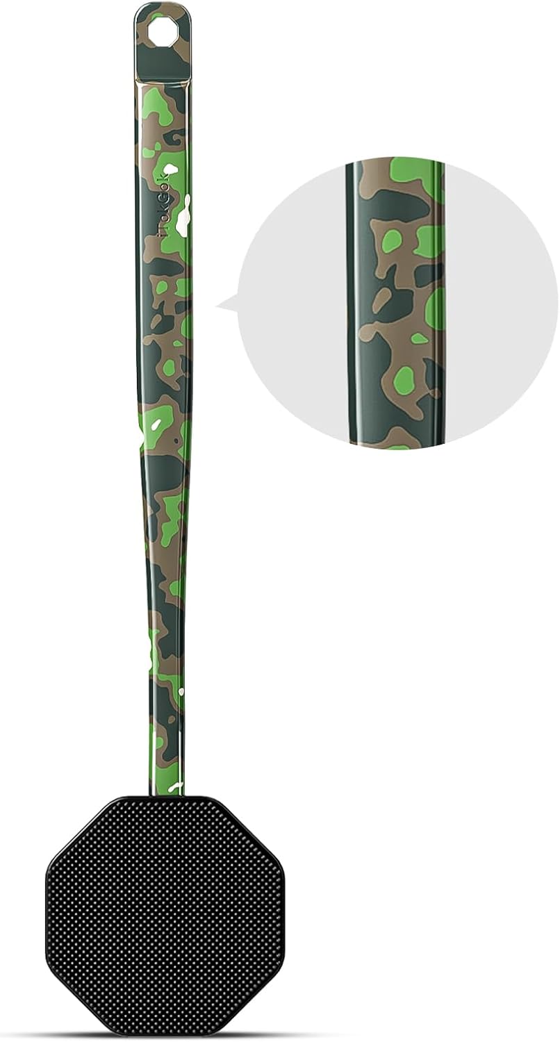 iTokGoK® Platinum Camo Green Pattern Silicone Back Scrubber with Long Handle Back Brush for Shower,Silver-Infused Back Scrubber for Men and Women (Camo Green)