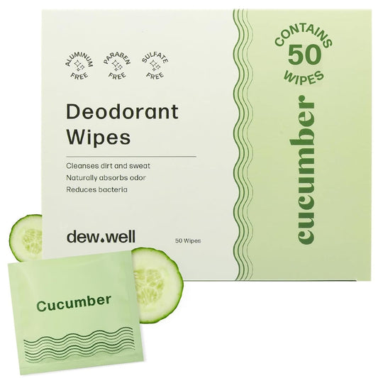 Dew Well Deodorant Wipes - Individually Wrapped Travel Wipes - On-the-Go Travel Toiletries - Natural Deodorant Formula - 50 Count, Pack of 1, Cucumber