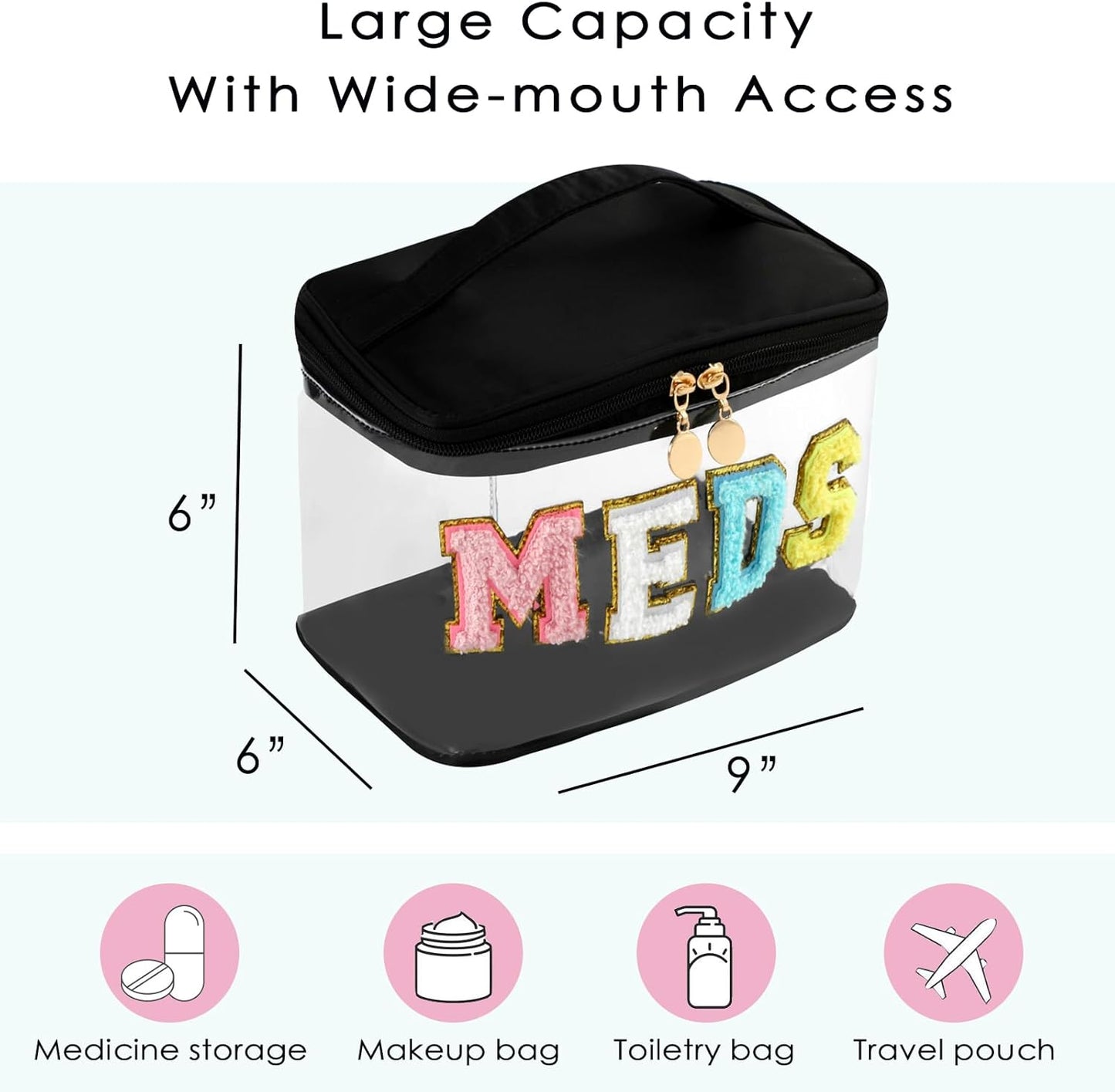 Personalized Chenille Letter Clear Medicine Makeup Bag, Large Size Waterproof Nylon Cosmetic Toiletry Storage bag with Top Handle, Transparent Meds First Aid Travel Organizer Cosmetic Bag(04Black)