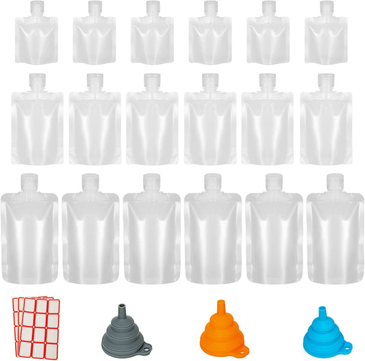 18 Pieces 3 Sizes 30ml/50ml/100ml Travel Size Refillable Empty Squeeze Pouch, Stand Up Pouch for Toiletry, Lotion Shampoo Shower Gel Squeezable Bags, Leakproof Cosmetic Containers