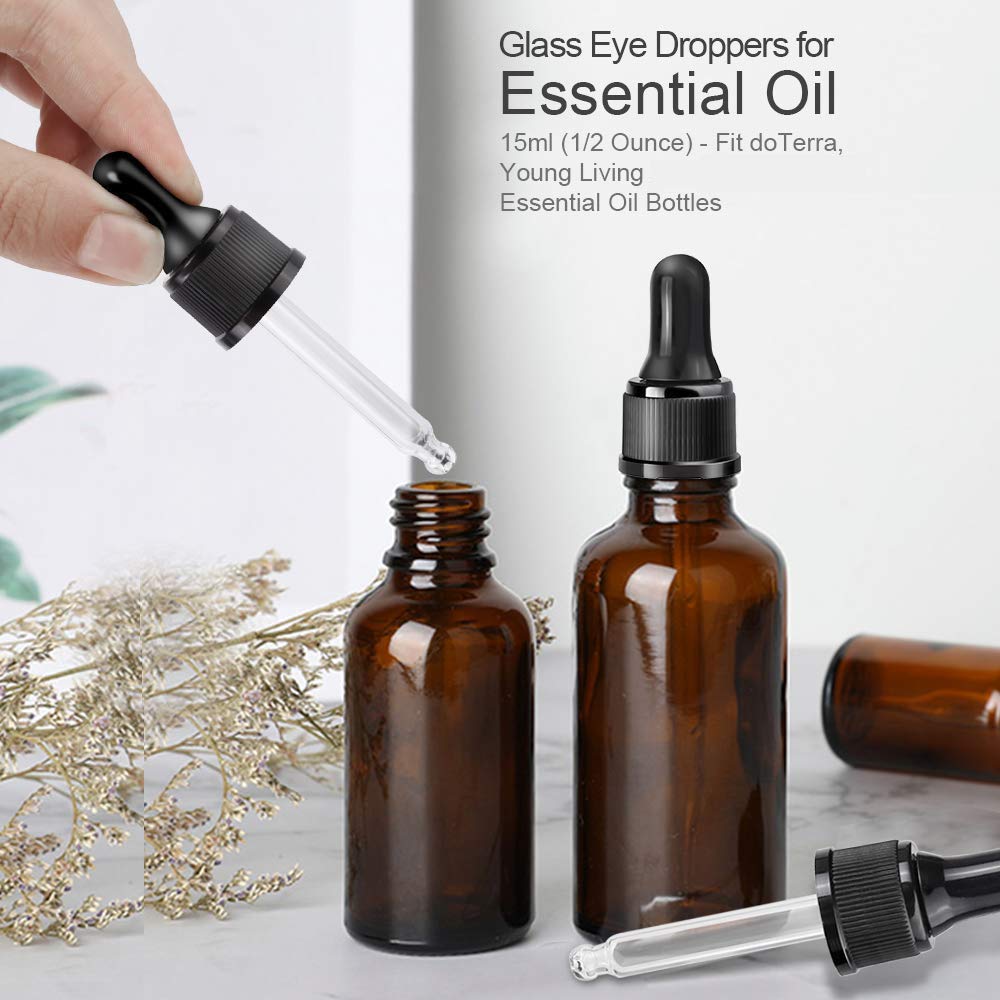 YGDZ Droppers for Essential Oils 15 Pack 15ml (1/2 Ounce) Glass Eye Dropper Tops - Fit for DoTerra Young Living 15ml Essential Oil Bottles