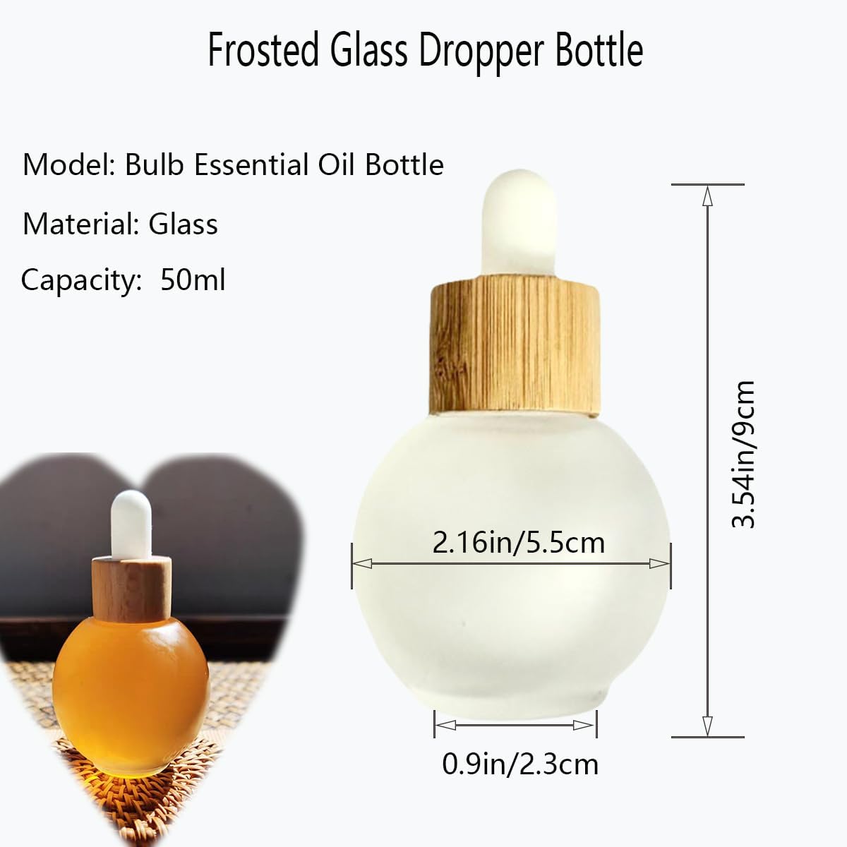 Frosted Glass Dropper Bottles, 50ml Small Bulb Shape Essential Oil Dropper Bottle Perfume Dispenser Bottle with Dropper and Bamboo Lid for Essential Oils, Perfumes and Other DIY Liquids(4Pcs)