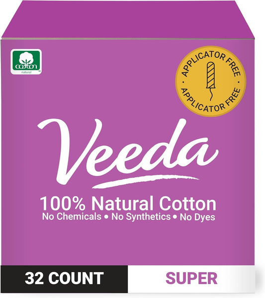 Veeda 100% Natural Cotton Tampons Super Absorbency - Non-Applicator Tampons with leak proof protection - Unscented, Chlorine & Toxin Free - 32 Count