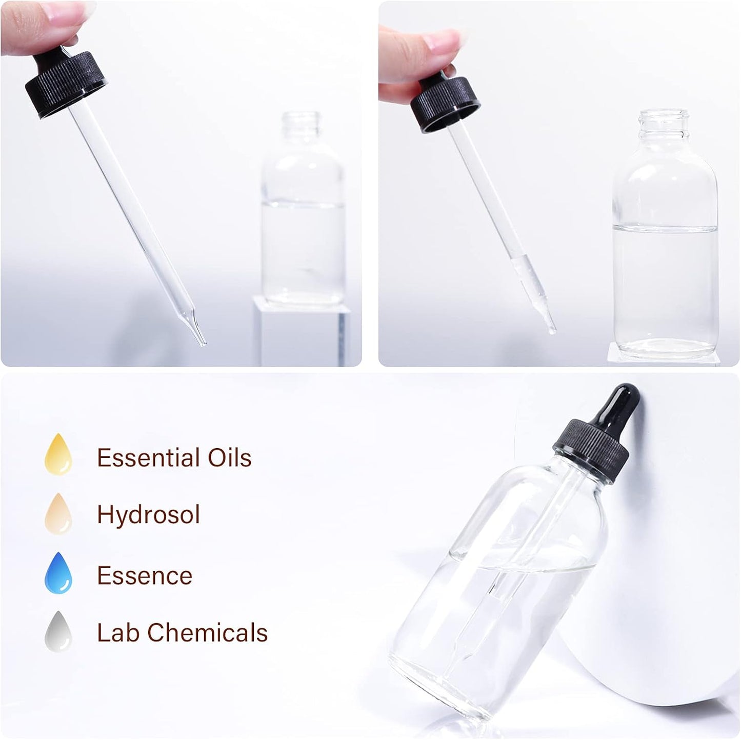 24 Pack 4oz Clear Glass Bottles with Glass Eye Droppers for Essential Oils, Perfumes & Lab Chemicals (2 Brushes, 2 Funnels, 2 Extra Droppers, 36 Pieces Labels & 30ml Measuring Cup Included)