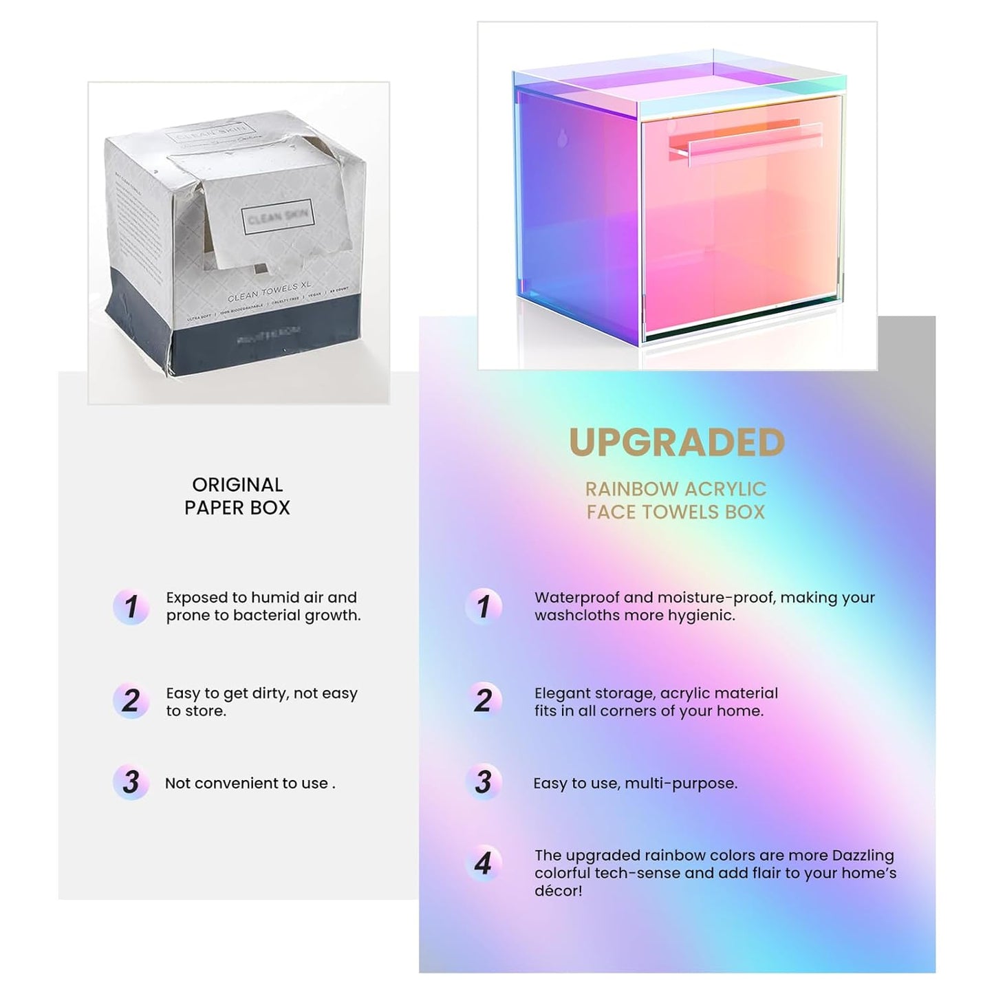 Rainbow Disposable Facial Towels Storage Box Acrylic Container Compatible with Clean Skin Club Clean Towel XL Wall-Mounted Face Towel Organizer with Drawer(Excluding Facial Towels)