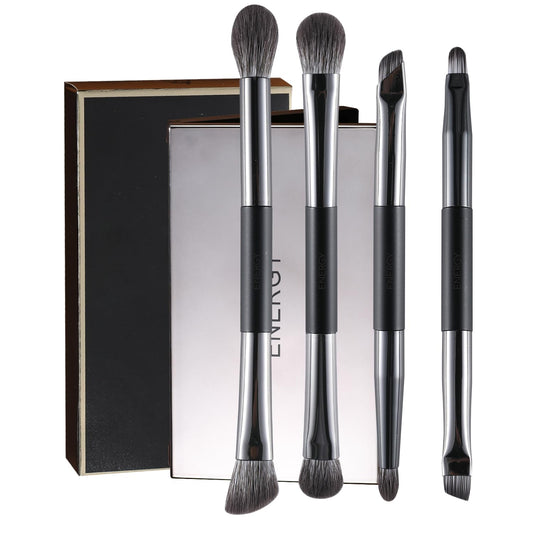 ENERGY Travel Eye Makeup Brush Set Eyeshadow Eye Blending Eyeliner Under Eye Concealer Eye Brow Smudge Makeup Kit with Portable Compact Mirror Case Double ended Makeup Brushes 4PCS