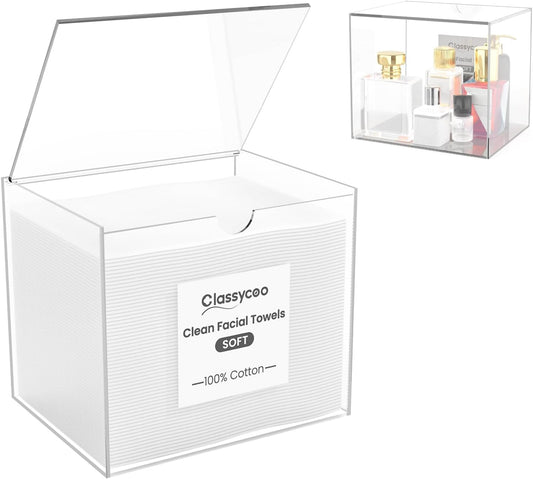 50 PCS Disposable Face Towel Holder, Acrylic Cosmetic Container for Clean Skin Club, XL Clean Towel Makeup Remover Wipes Waterproof Box for Dresser Countertop, Bathroom Storage(Includes Cotton Cloth)