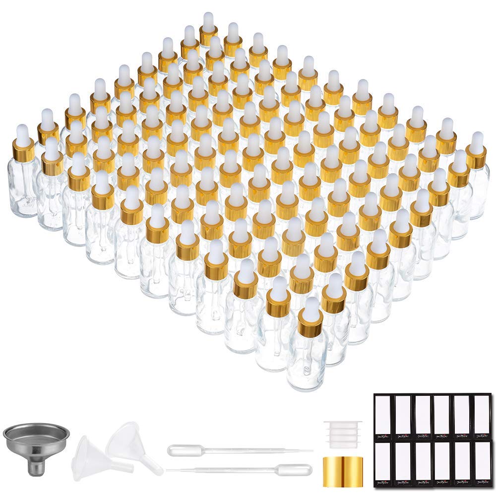 PrettyCare Glass Dropper Bottles 99 Pack, 1oz (30ml) Clear Empty Thick Bottles Bulk with Leakproof Golden Caps - With Labels & Funnels for for Storage, Travel,Essential Oils, DIY Serums