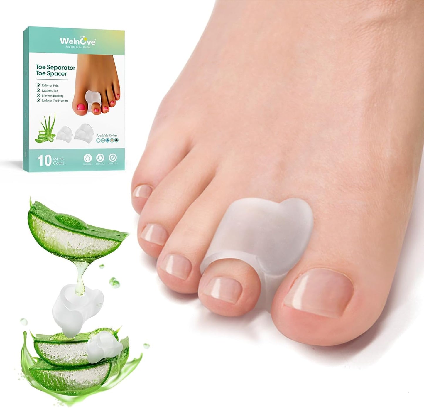 Welnove Gel Toe Separators - 10 Pack Toe Spacers with Aloe Vera Extract for Overlapping Toes, Bunions, Big Toe Alignment, Bunion Relief - Soft Silicone Toe Corrector for Men Women FSA or HSA Eligible