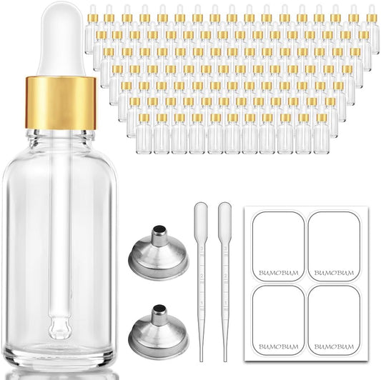 Bumobum 2 oz Dropper Bottle, Clear Glass Eye Dropper Bottles with Golden Top Cap for Essential Oils, 99 pack Tincture Bottle with Labels and Funnel