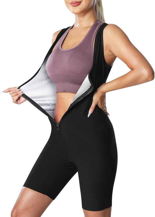 Sauna Suit for Women Sauna Vest Weight Loss 4 in 1 Waist Trainer Full Body Sweat Shirt Workout Running Gym