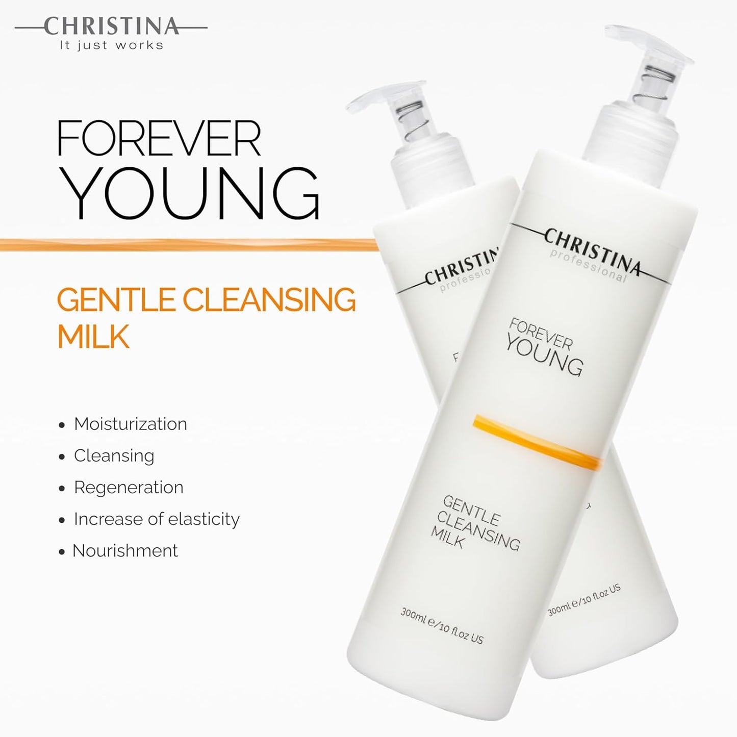 Christina Forever Young Gentle Cleansing Milk with Retinol for Face | Nourishing Formula with Glycolic Acid, Vitamin A, Vitamin E for Aging & Dry Skin | Suitable for ages 30-45+ | 24-Hour Care 300ml