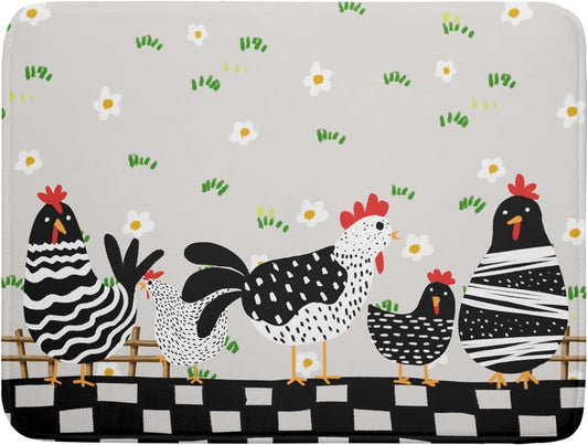 Black Rooster Dish Drying Mat for Countertop 18x24 Inches Buffalo Plaid Microfiber Drainer Rack Pads Fast Dry Dishes Mats Kitchen Accessories