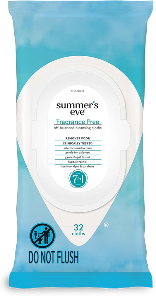 Summer's Eve Fragrance-Free Feminine Wipes, Gentle pH-Balanced Micellar Water Based Formula Helps Control Vaginal Odor, Resealable Pack, 32 Wipes