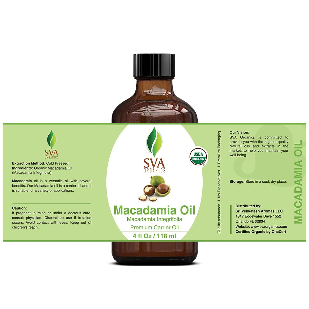 SVA Macadamia Seed Oil Organic - 4 Fl Oz – 100% Natural Cold Pressed Organic Macadamia Oil - for Face, Skin Care, Hair Care, Scalp Massage & Body Massage – Carrier Oil with Dropper