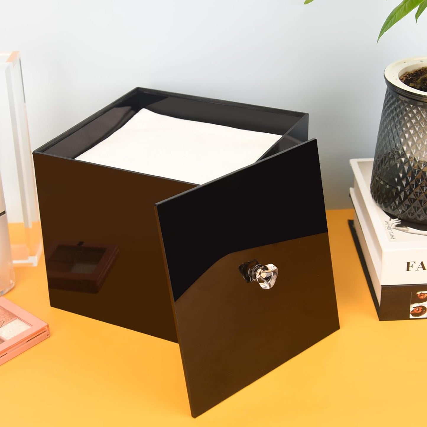 Weiai Face Towel Box, Acrylic Facial Disposable Towelettes Holder Container for XL Face Towels and Protects from Dust, Black