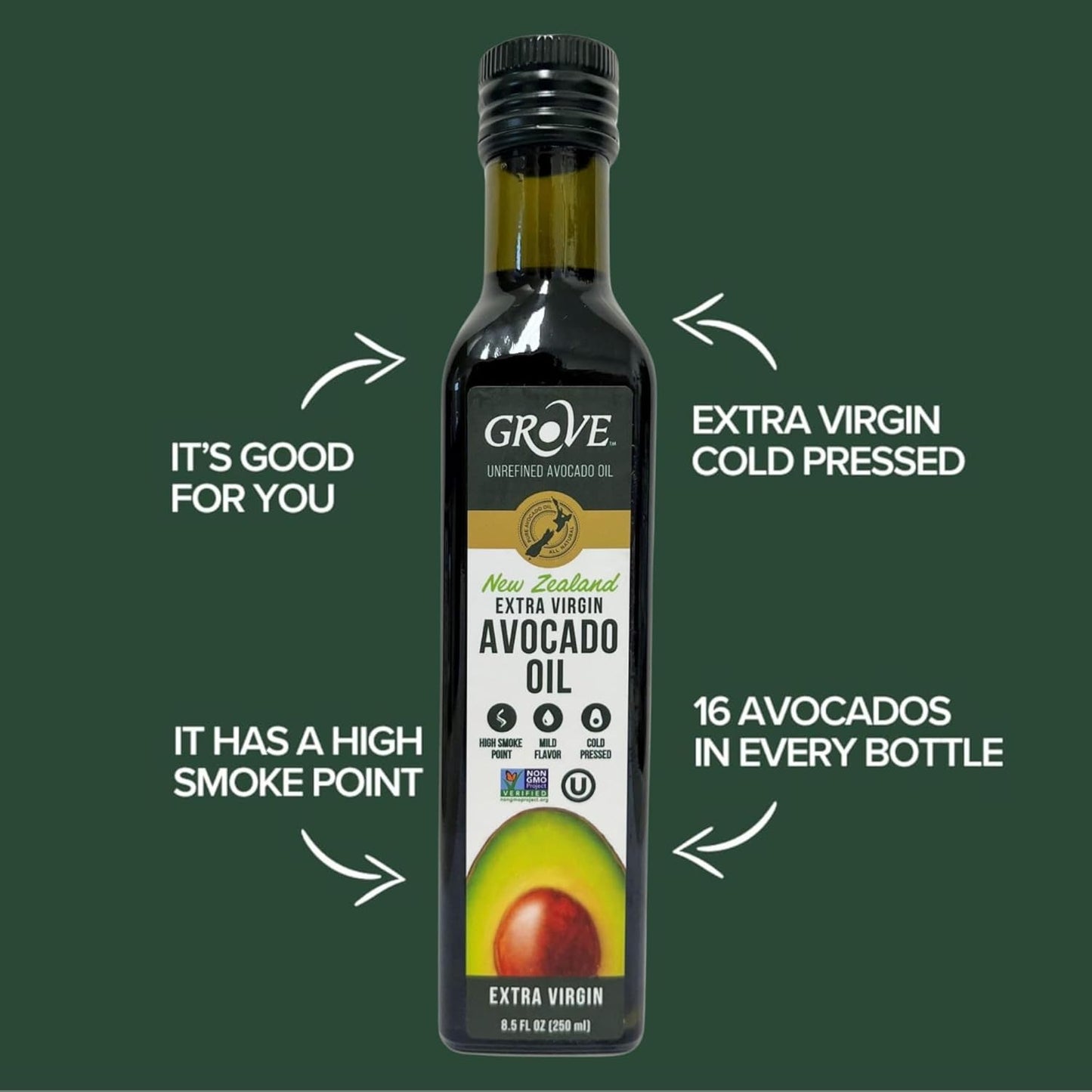 Grove Extra Virgin Avocado Oil - Plant Based, Vegan, Gluten Free, 100% Natural, Cold Pressed, High Smoke Point, 16 Whole Avocados in Every Bottle (8.4oz, 250ml)