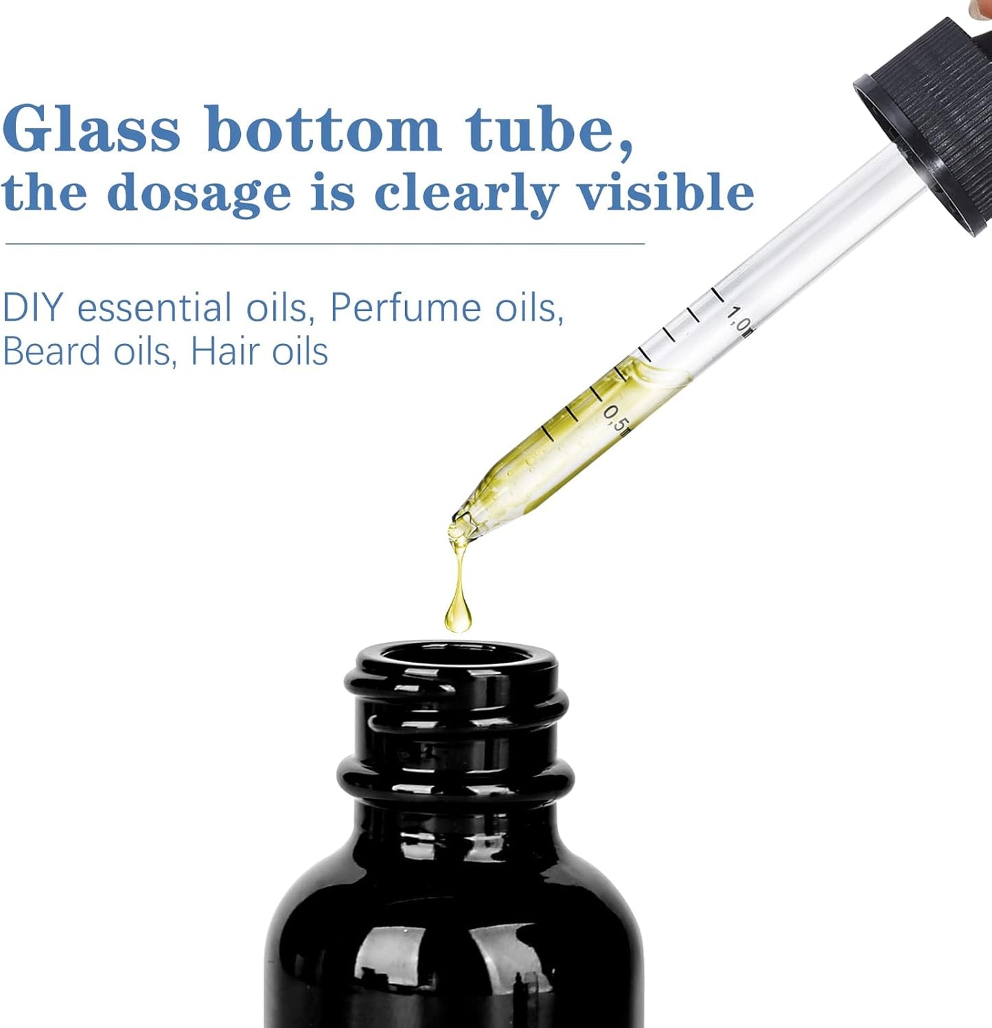 1 oz UV Resistant Dropper Bottle 48 Pack Black Glass Boston Bottles 30ml with Eye Droppers Black Caps for Essential Oils, Perfume, Leak Proof Travel Bottles for Liquids